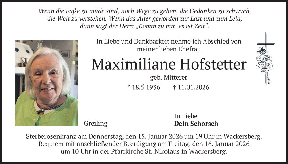  Traueranzeige für Maximiliane Hofstetter vom 14.01.2026 aus merkurtz