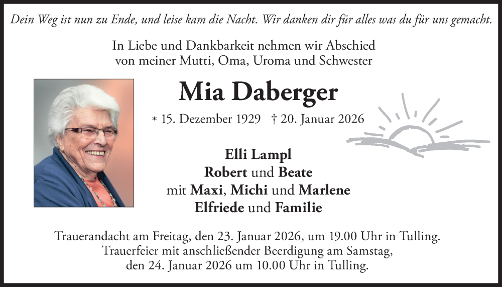  Traueranzeige für Mia Daberger vom 22.01.2026 aus merkurtz