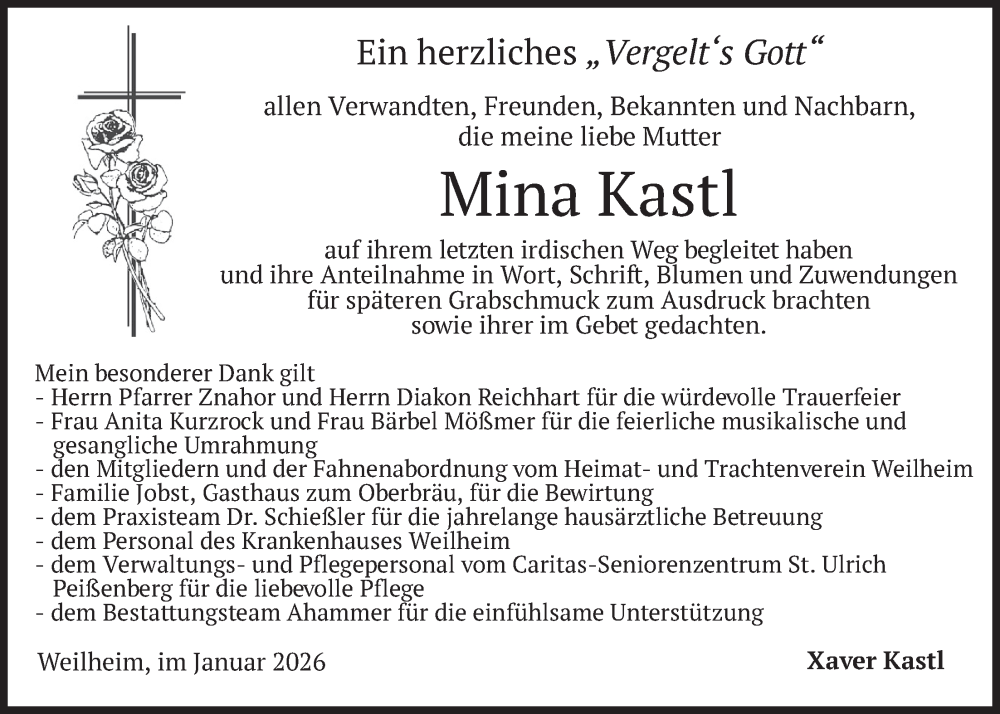  Traueranzeige für Mina Kastl vom 31.01.2026 aus merkurtz