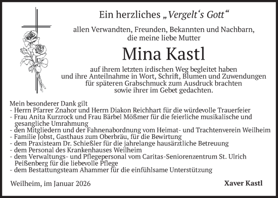 Traueranzeige von Mina Kastl von merkurtz