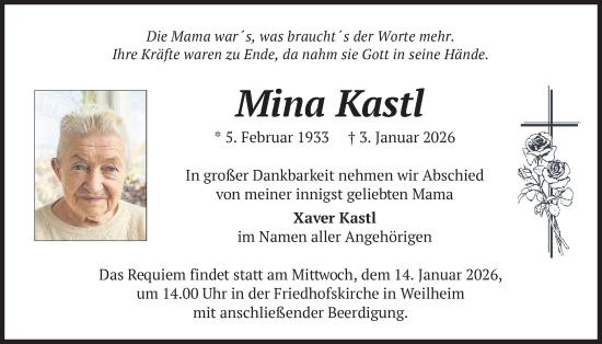 Traueranzeige von Mina Kastl von merkurtz