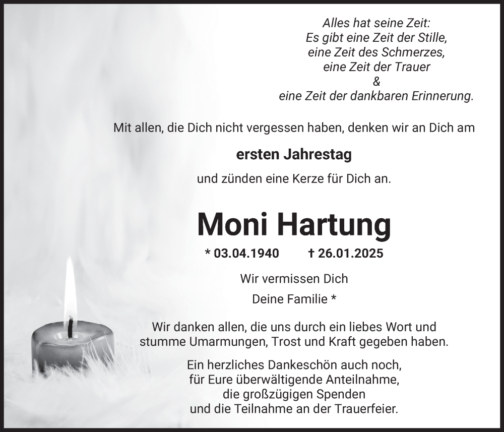  Traueranzeige für Moni Hartung vom 24.01.2026 aus merkurtz