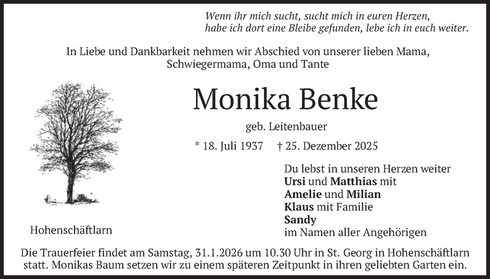  Traueranzeige für Monika Benke vom 10.01.2026 aus merkurtz