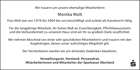 Traueranzeige von Monika Molt von merkurtz