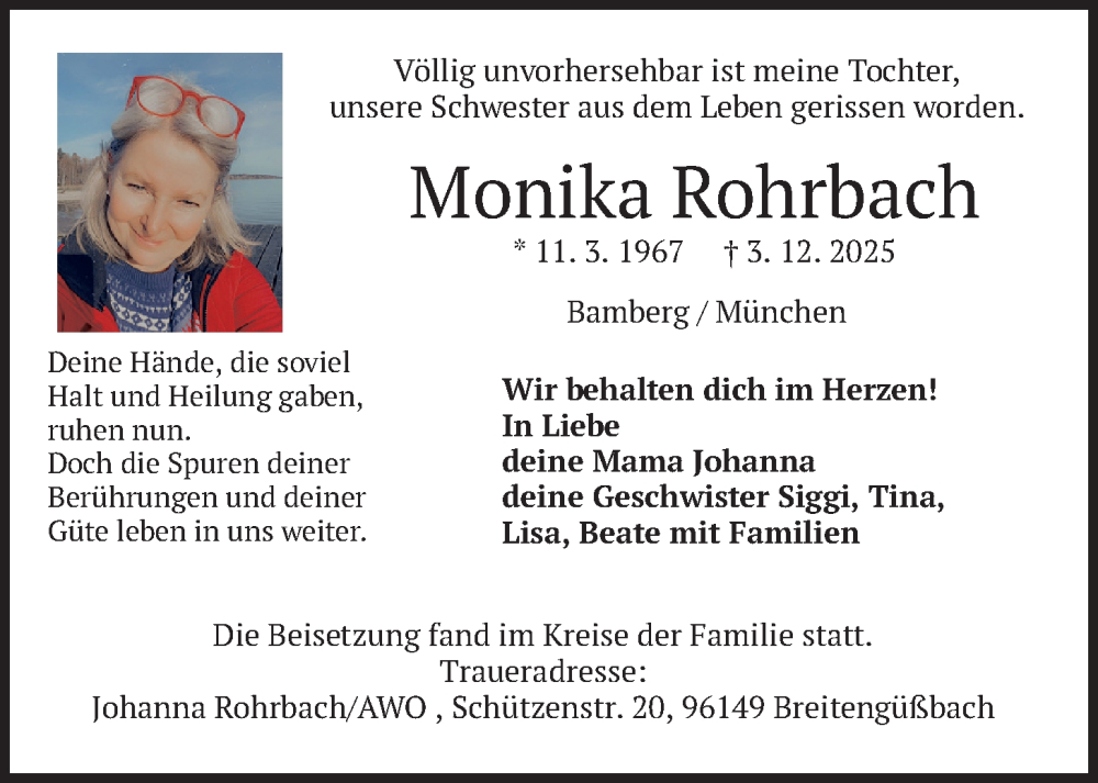  Traueranzeige für Monika Rohrbach vom 10.01.2026 aus merkurtz