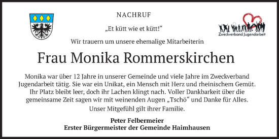 Traueranzeige von Monika Rommerskirchen von merkurtz