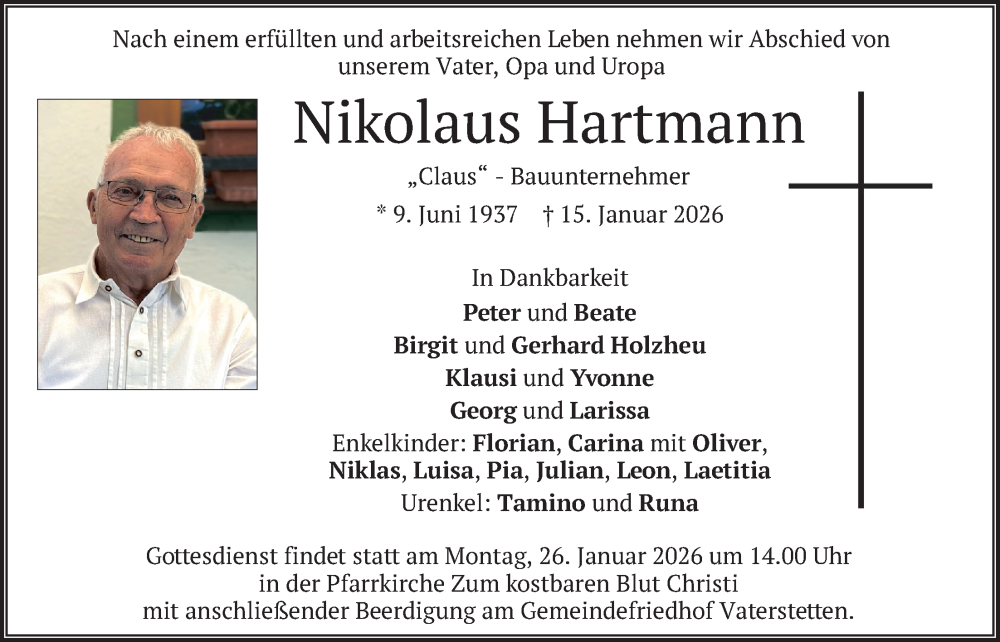  Traueranzeige für Nikolaus Hartmann vom 20.01.2026 aus merkurtz