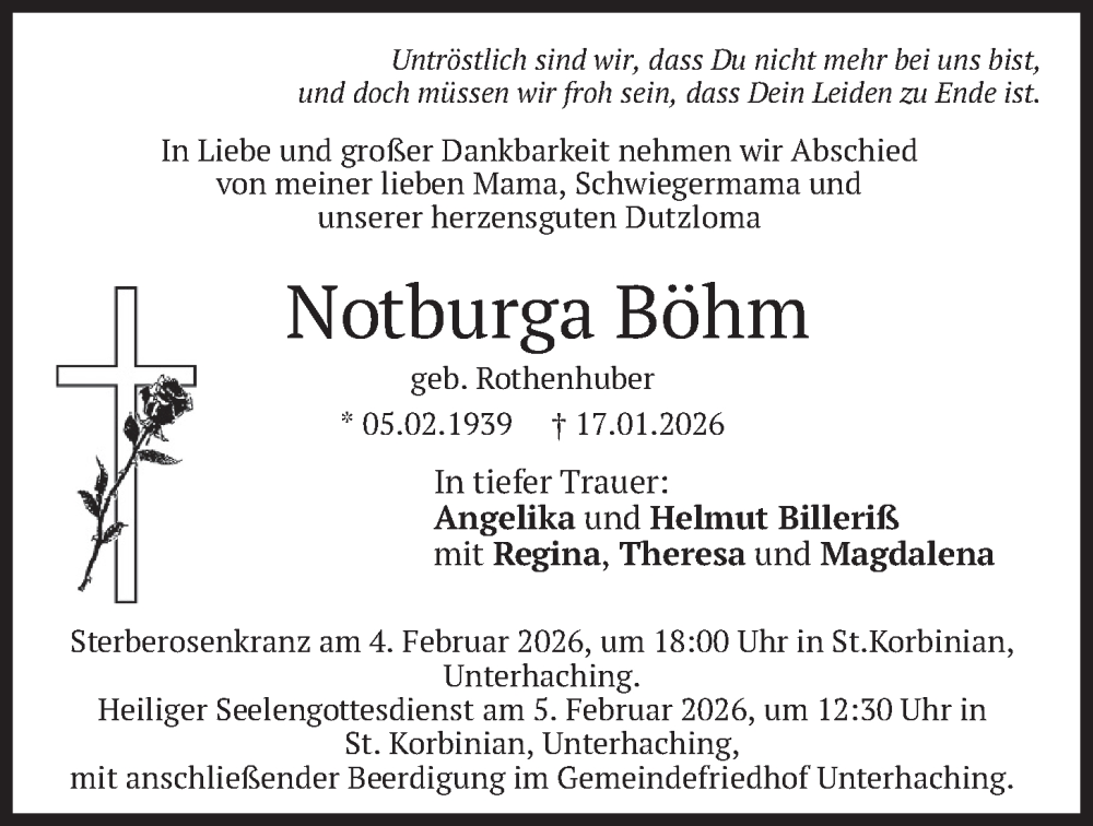  Traueranzeige für Notburga Böhm vom 31.01.2026 aus merkurtz