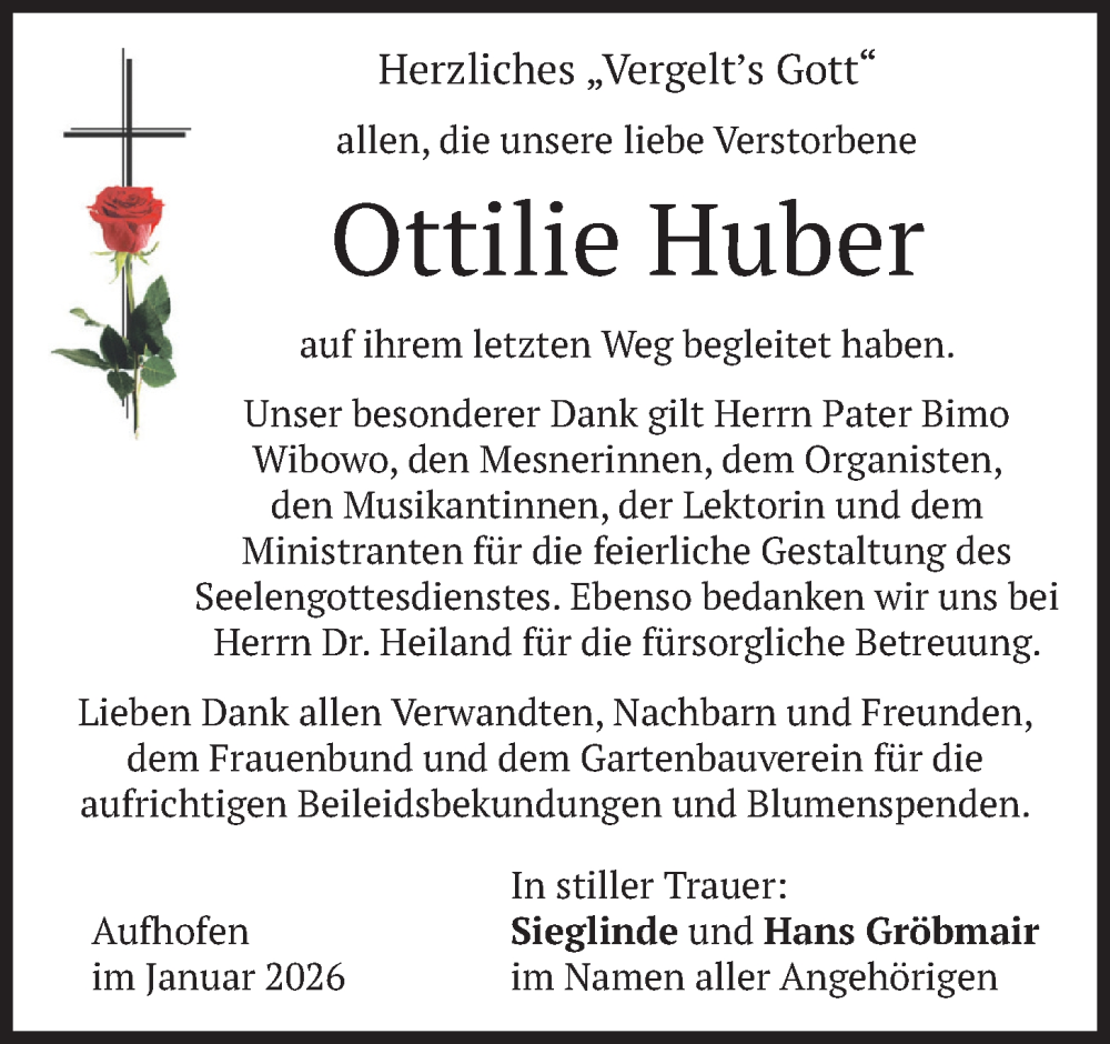  Traueranzeige für Ottilie Huber vom 31.01.2026 aus merkurtz