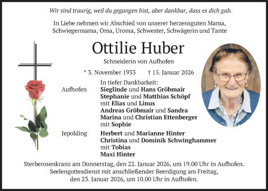 Traueranzeige von Ottilie Huber von merkurtz