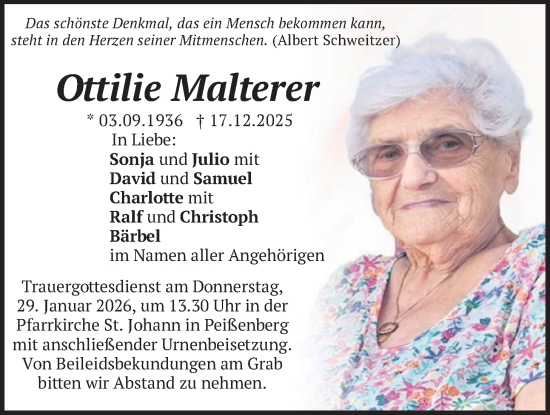 Traueranzeige von Ottilie Malterer von merkurtz