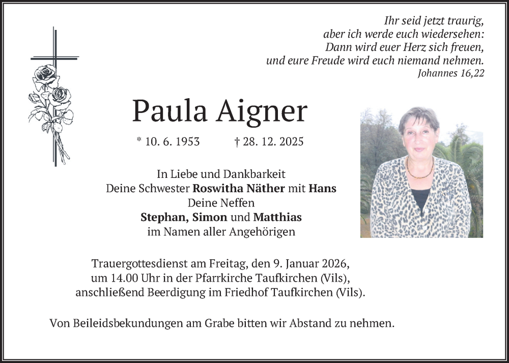  Traueranzeige für Paula Aigner vom 03.01.2026 aus merkurtz