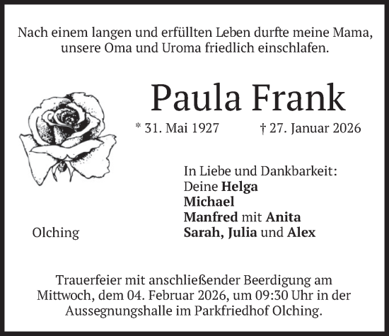 Traueranzeige von Paula Frank von merkurtz