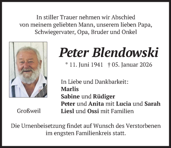 Traueranzeige von Peter Blendowski von merkurtz