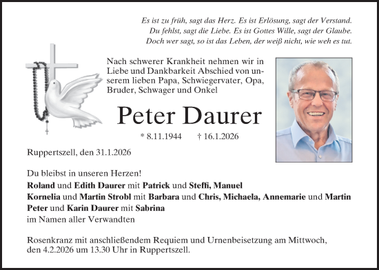 Traueranzeige von Peter Daurer von merkurtz