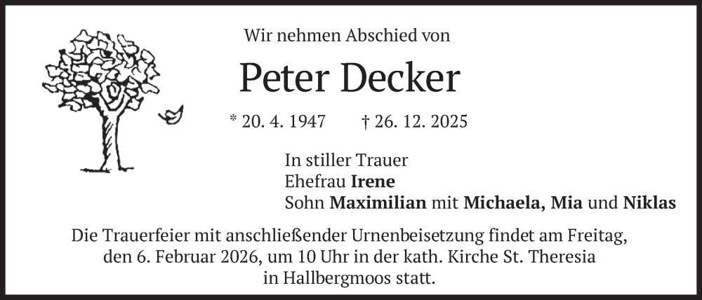  Traueranzeige für Peter Decker vom 31.01.2026 aus merkurtz