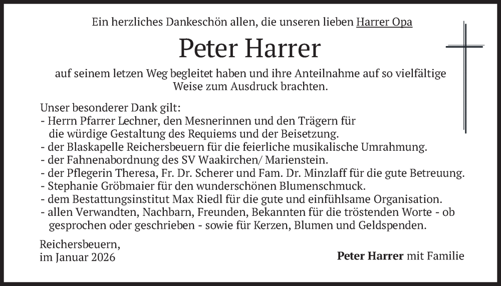  Traueranzeige für Peter Harrer vom 10.01.2026 aus merkurtz