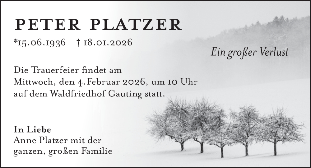  Traueranzeige für Peter Platzer vom 28.01.2026 aus merkurtz