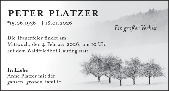 Traueranzeige von Peter Platzer von merkurtz