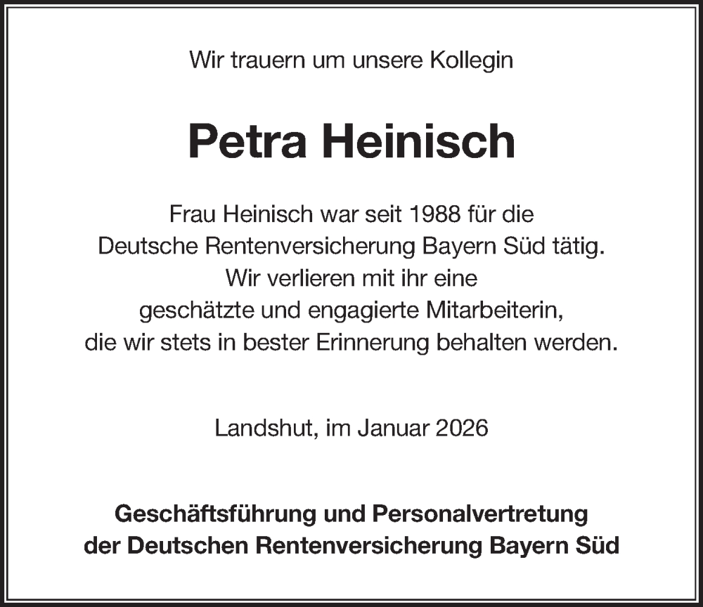  Traueranzeige für Petra Heinisch vom 31.01.2026 aus merkurtz