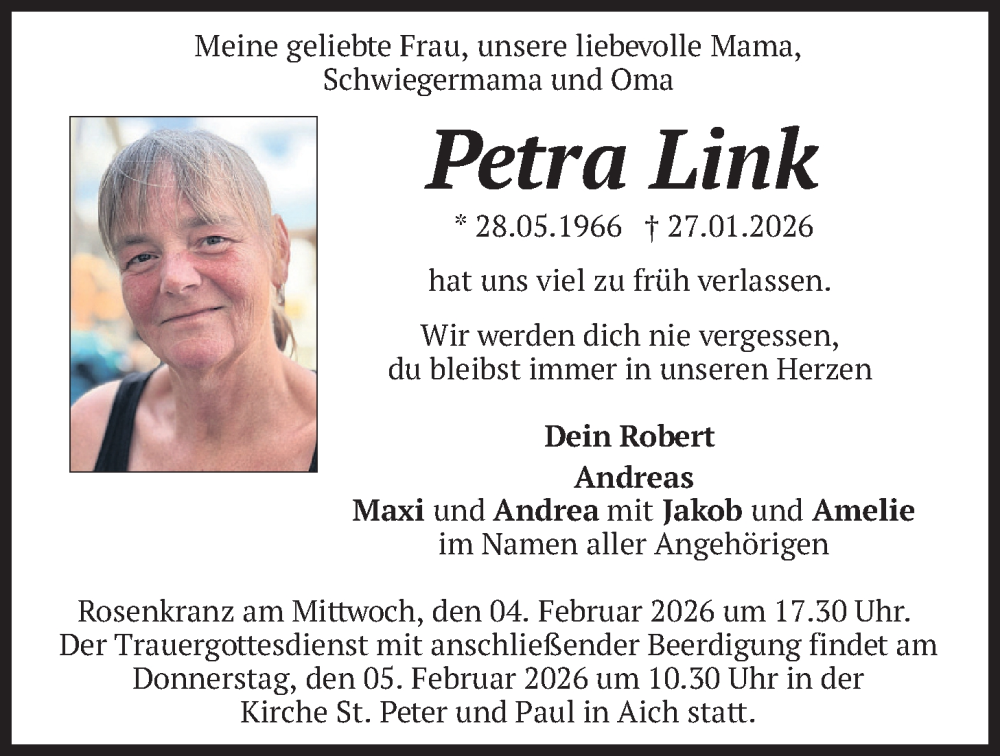  Traueranzeige für Petra Link vom 31.01.2026 aus merkurtz
