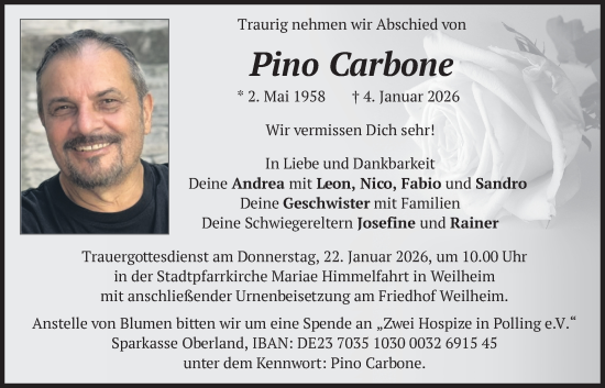 Traueranzeige von Pino Carbone von merkurtz