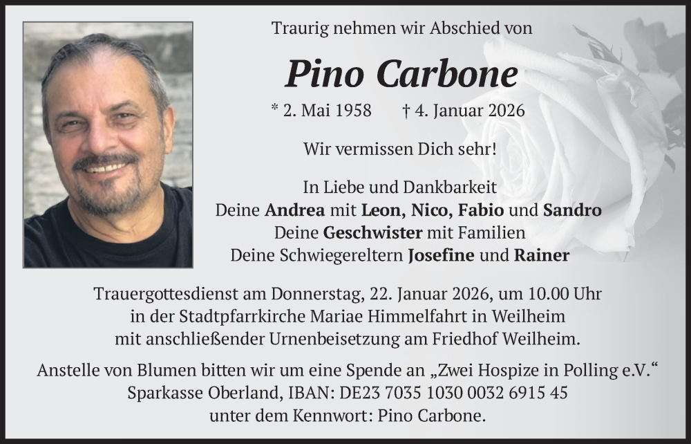 Traueranzeige für Pino Carbone vom 17.01.2026 aus merkurtz