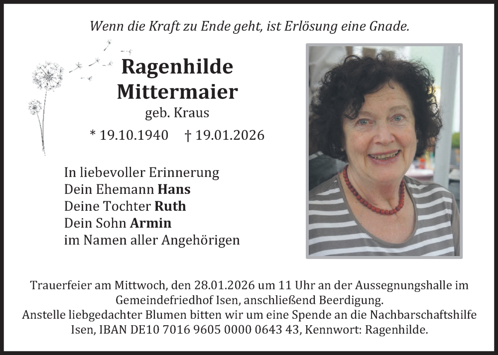  Traueranzeige für Ragenhilde Mittermaier vom 24.01.2026 aus merkurtz