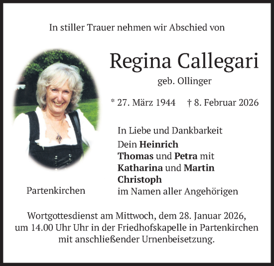 Traueranzeige von Regina Callegari von merkurtz