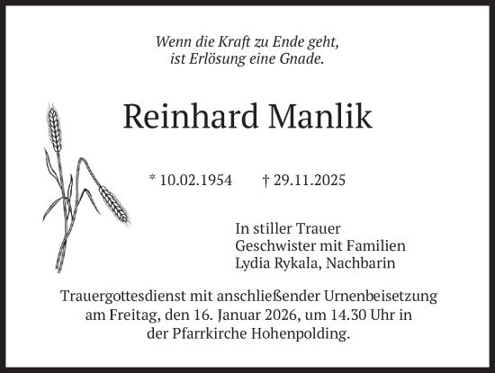Traueranzeige von Reinhard Manlik von merkurtz