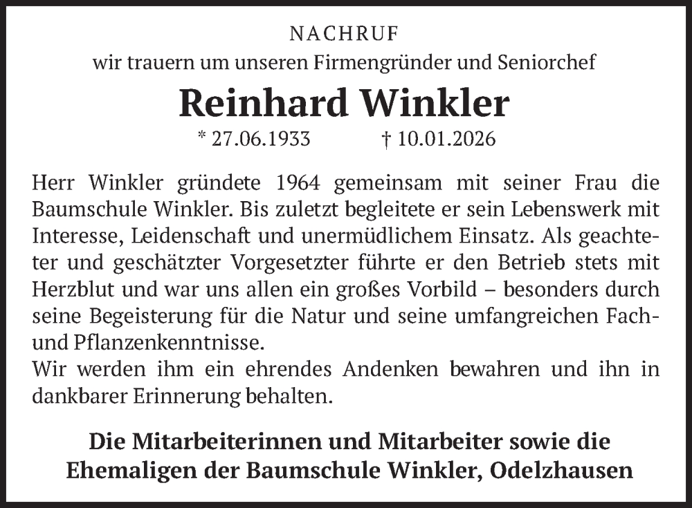  Traueranzeige für Reinhard Winkler vom 17.01.2026 aus merkurtz