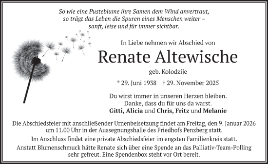 Traueranzeige von Renate Altewische von Das Gelbe Blatt Penzberg