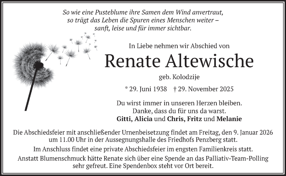  Traueranzeige für Renate Altewische vom 03.01.2026 aus Das Gelbe Blatt Penzberg