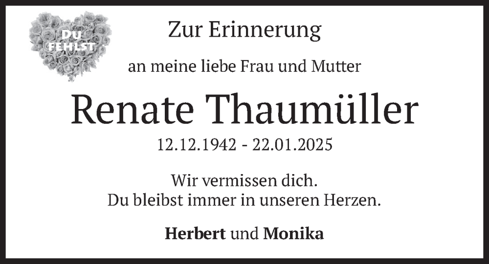 Traueranzeige für Renate Thaumüller vom 22.01.2026 aus merkurtz