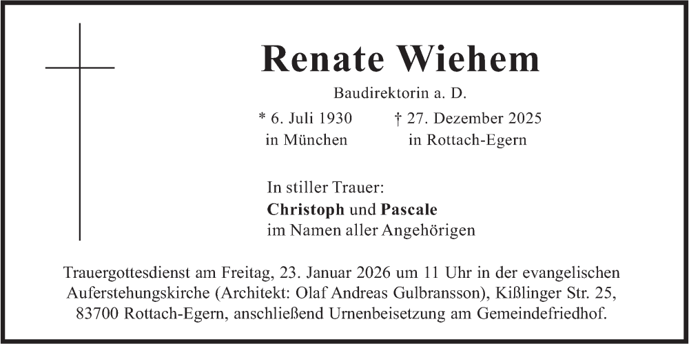  Traueranzeige für Renate Wiehem vom 17.01.2026 aus merkurtz