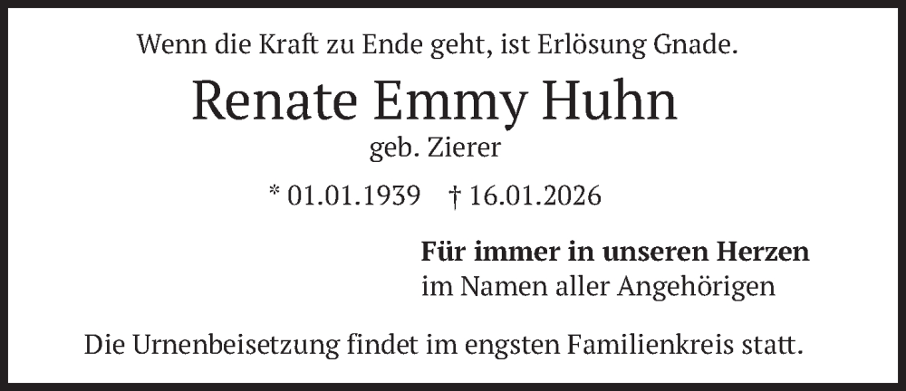  Traueranzeige für Renate Emmy Huhn vom 24.01.2026 aus merkurtz