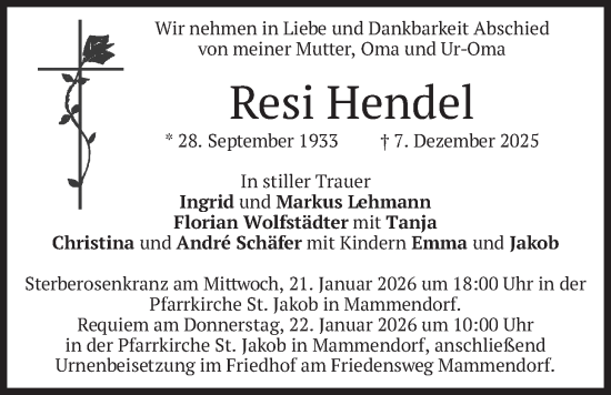 Traueranzeige von Resi Hendel von merkurtz
