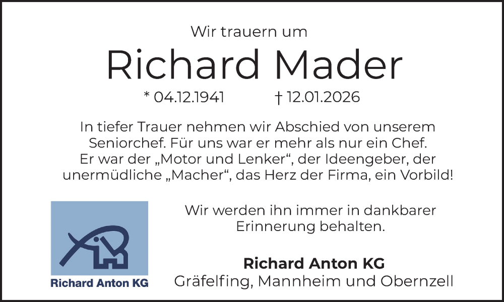  Traueranzeige für Richard Mader vom 26.01.2026 aus merkurtz