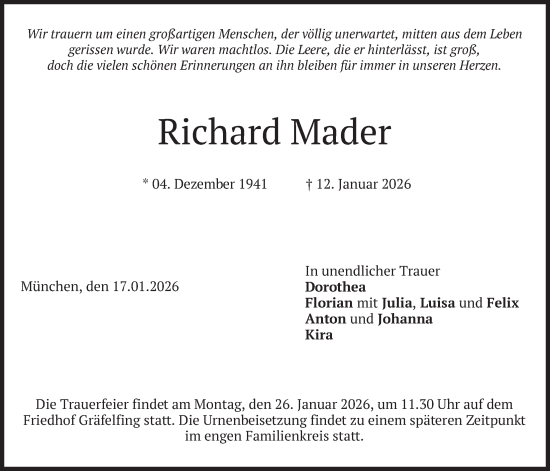 Traueranzeige von Richard Mader von merkurtz