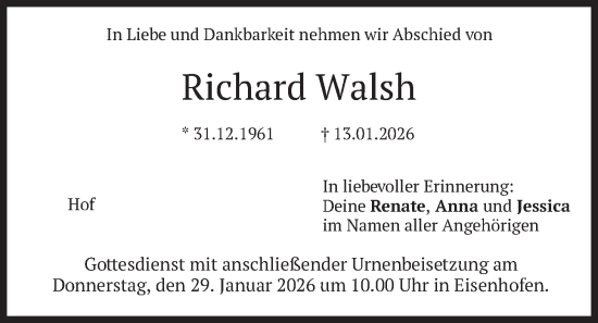 Traueranzeige von Richard Walsh von merkurtz