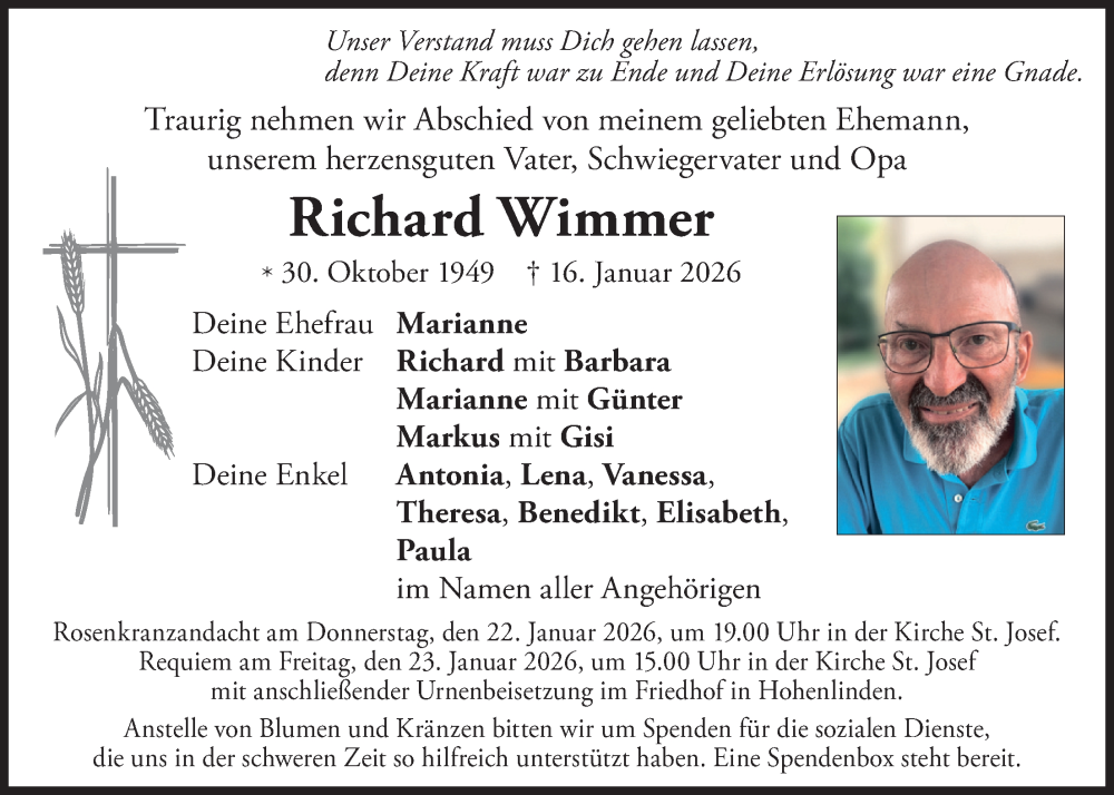  Traueranzeige für Richard Wimmer vom 21.01.2026 aus merkurtz
