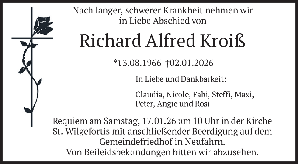  Traueranzeige für Richard Alfred Kroiß vom 10.01.2026 aus merkurtz