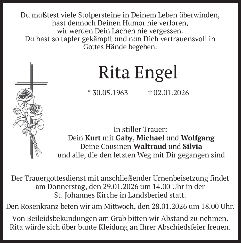  Traueranzeige für Rita Engel vom 17.01.2026 aus merkurtz
