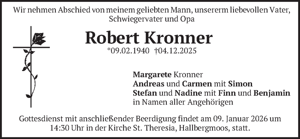  Traueranzeige für Robert Kronner vom 03.01.2026 aus merkurtz