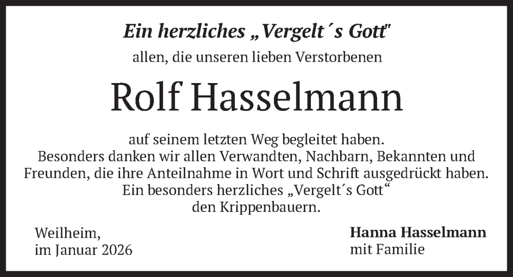  Traueranzeige für Rolf Hasselmann vom 31.01.2026 aus merkurtz