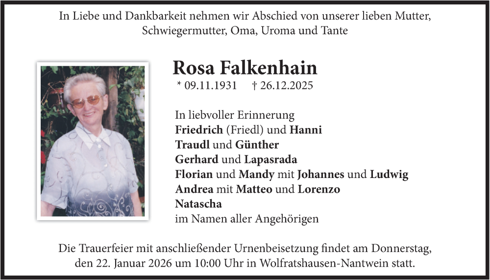 Traueranzeige für Rosa Falkenhain vom 17.01.2026 aus merkurtz