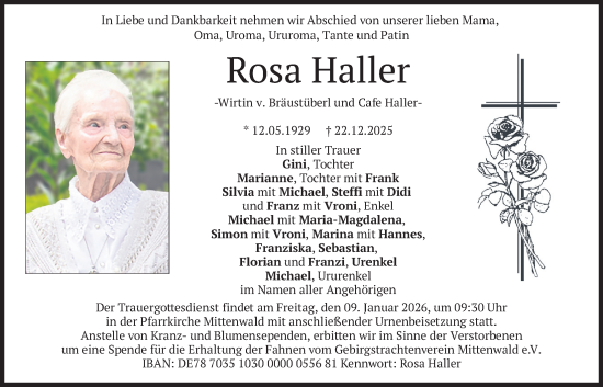 Traueranzeige von Rosa Haller von merkurtz