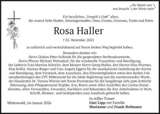 Traueranzeige von Rosa Haller von merkurtz