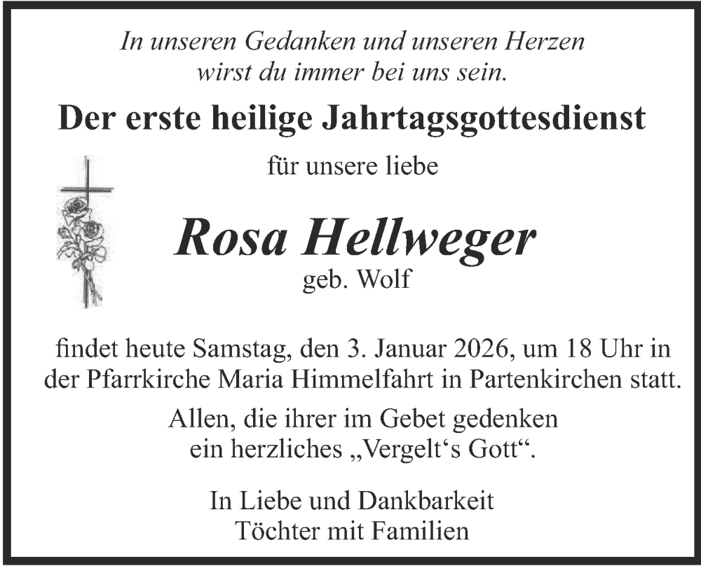  Traueranzeige für Rosa Hellweger vom 03.01.2026 aus merkurtz
