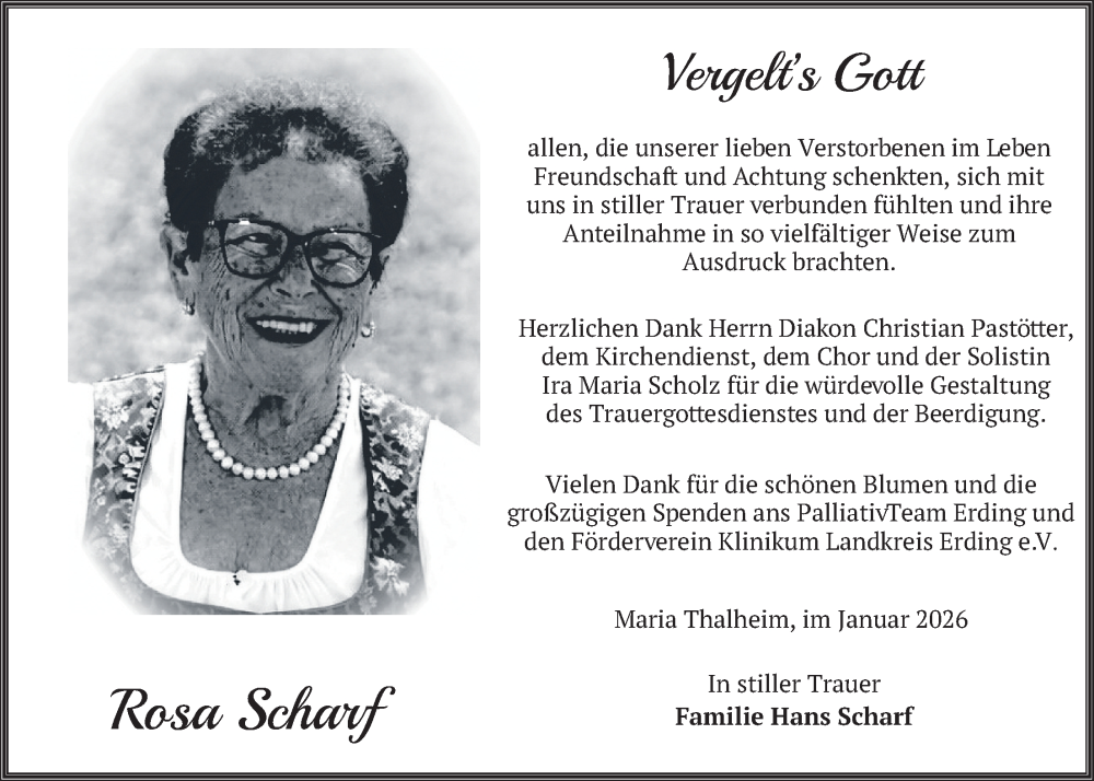 Traueranzeige für Rosa Scharf vom 31.01.2026 aus merkurtz
